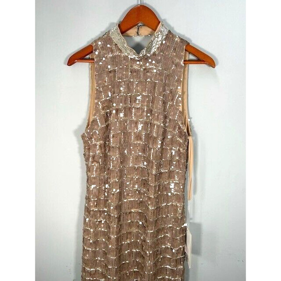 NWT Mac Duggal High Neck Column Gown Maxi Dress Sleeveless Sequined Taupe Size 8 - Picture 5 of 11